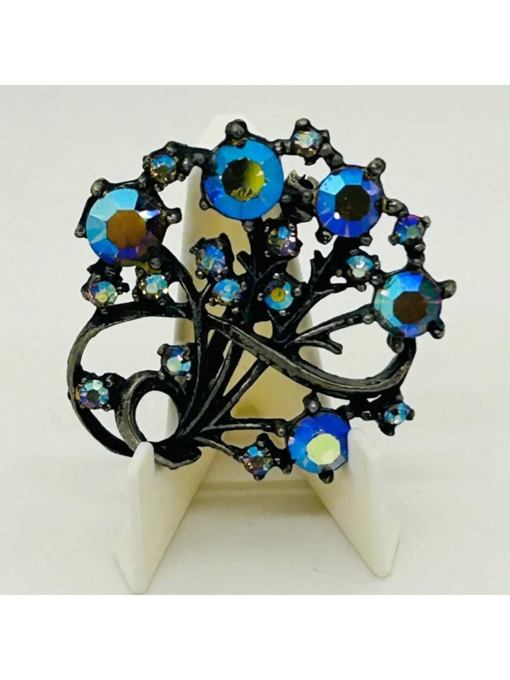 Vintage Aurora Borealis Rhinestone Brooch Peacock Colored Pin Gunmetal
